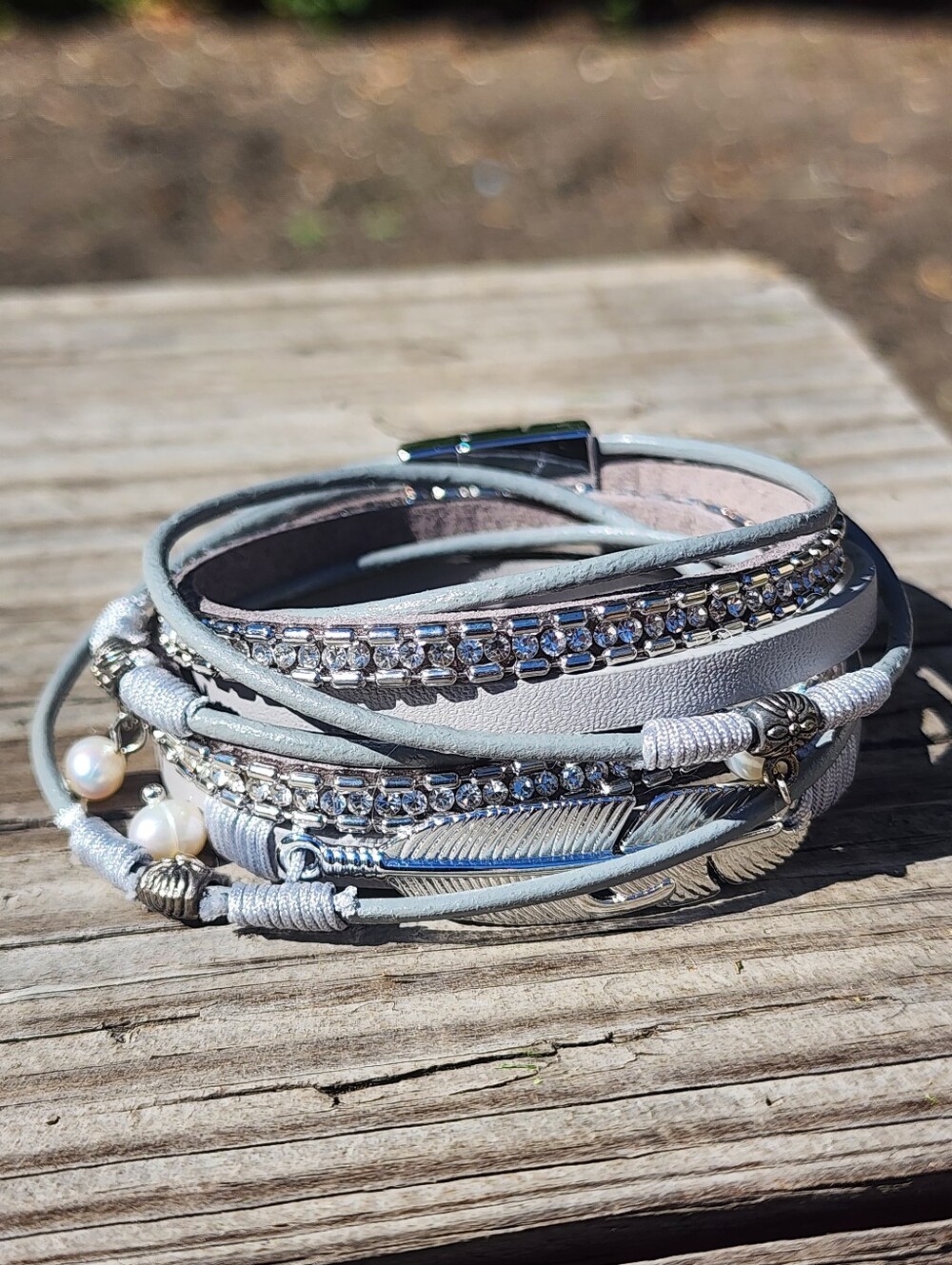 New Gray Leather Wrap Bracelet Boho Cuff Bracelet with Magnetic Clasp Crystals